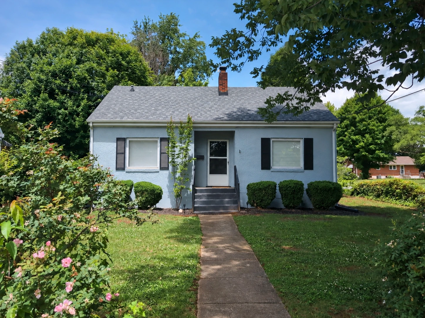 Blue cottage in Roanoke, Virginia, with a front walkway and mature shade trees