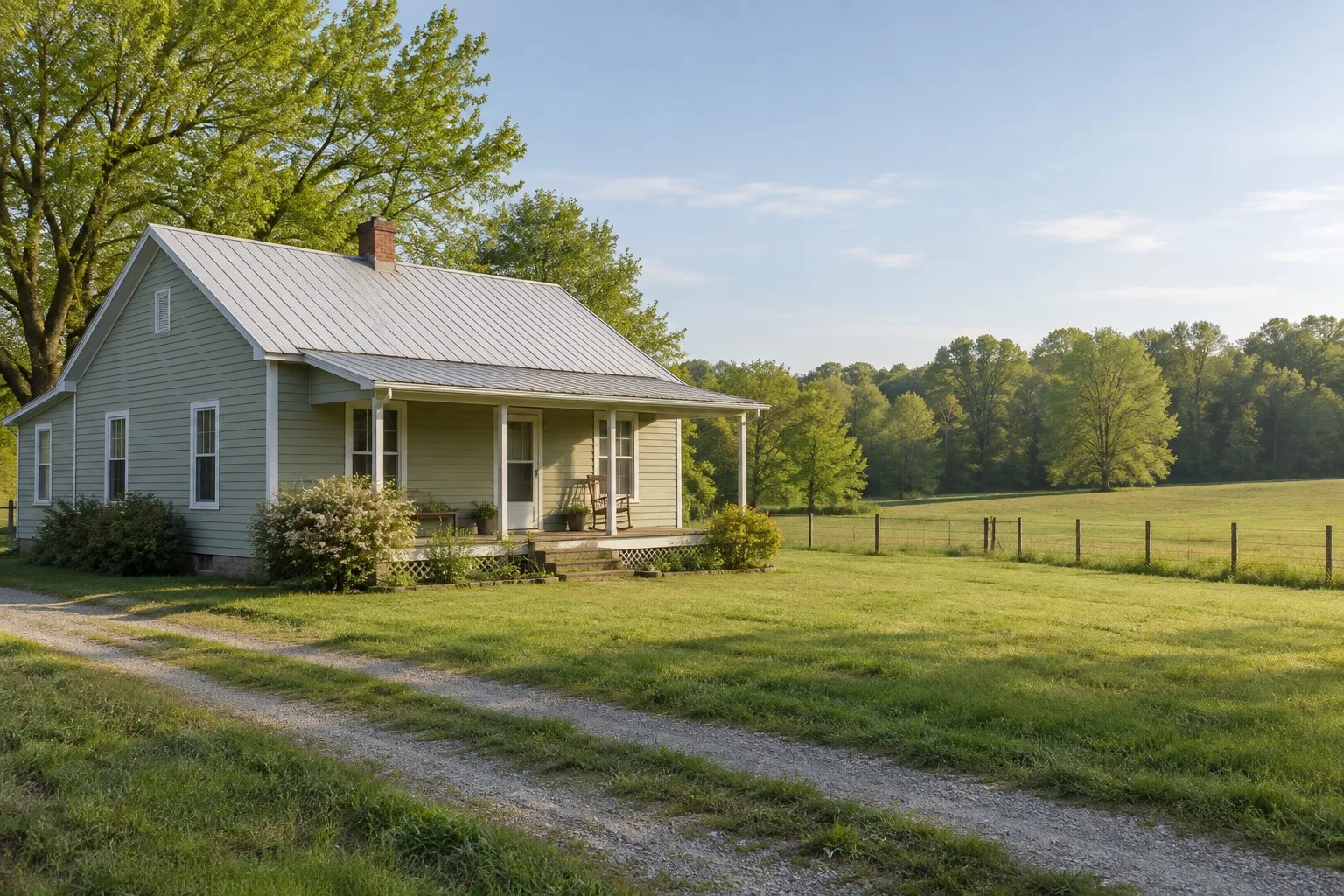 Rural farmhouse beside an open pasture, the kind of home that relies on a private well