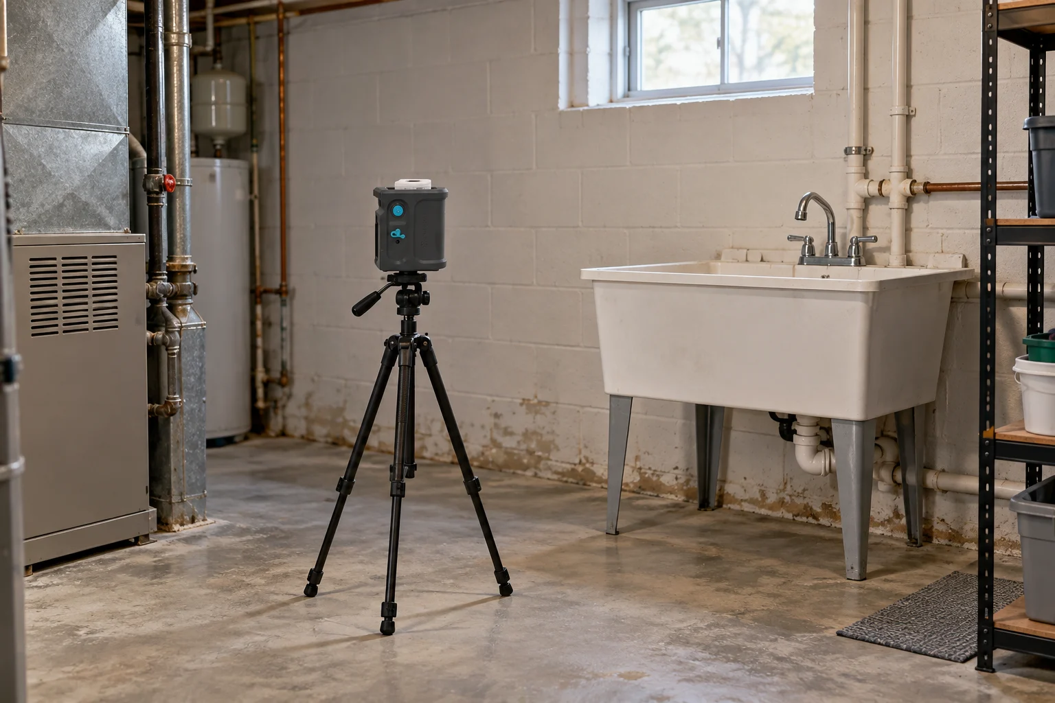 Illustration of a compact Sporecyte air-sampling pump on a tripod beside a full-size utility sink in an older home's basement