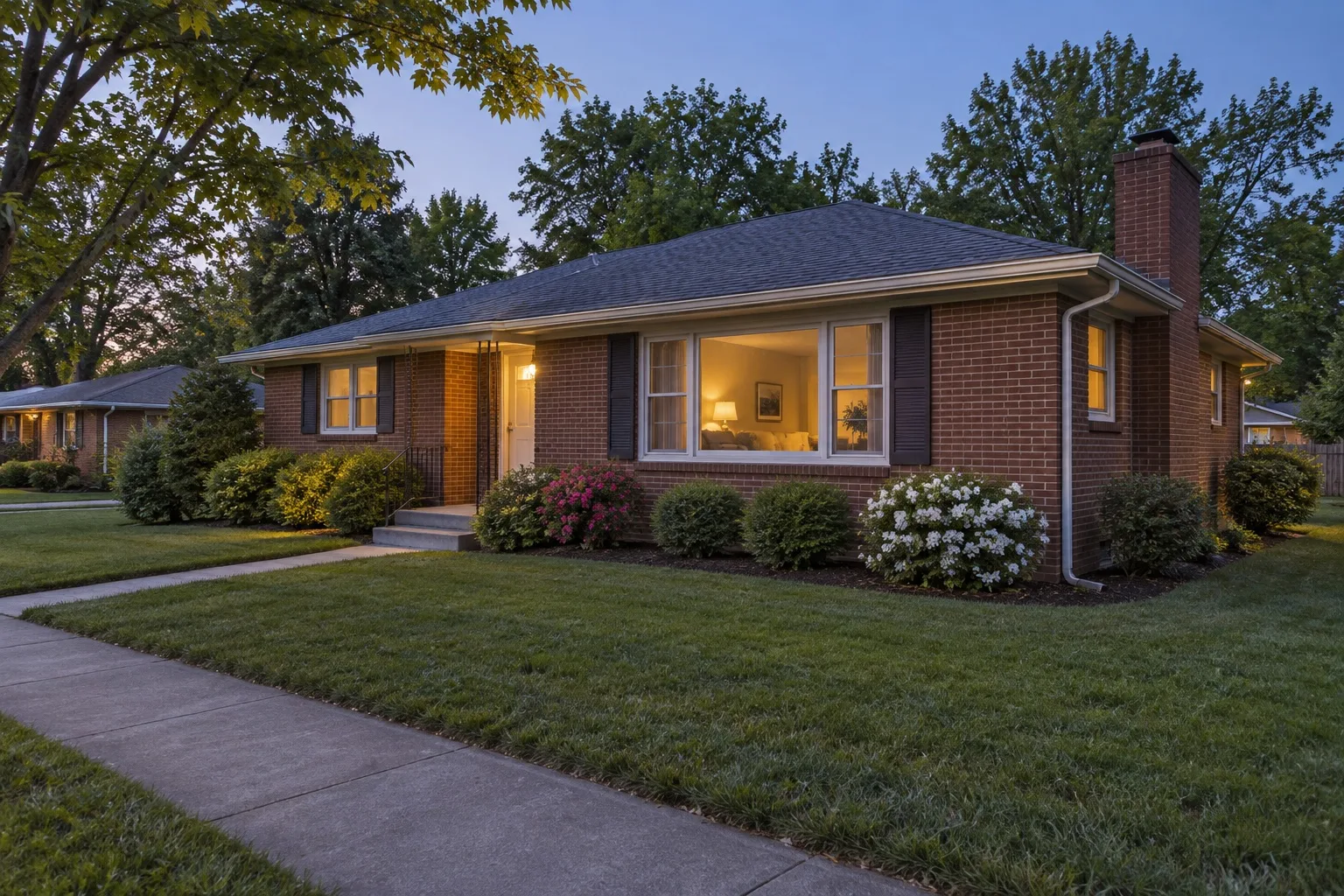 Brick ranch home in a leafy neighborhood at dusk, ready for radon testing by a certified radon professional