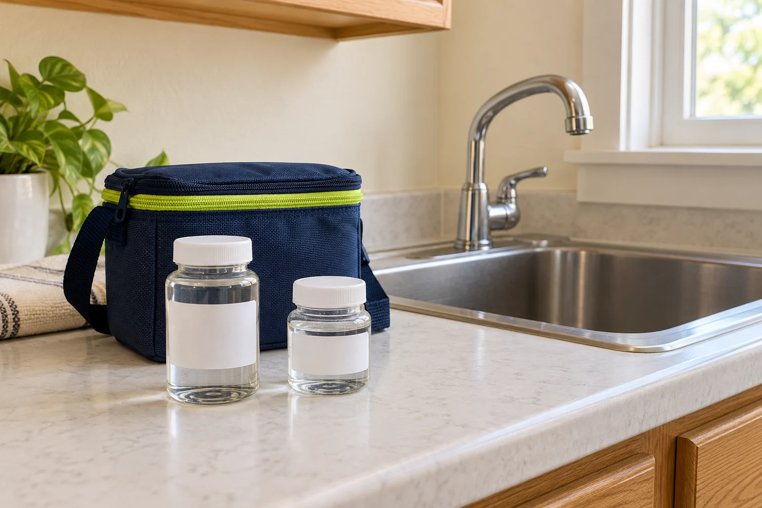 Illustration of capped laboratory water-sample containers and a transport cooler beside a household sink